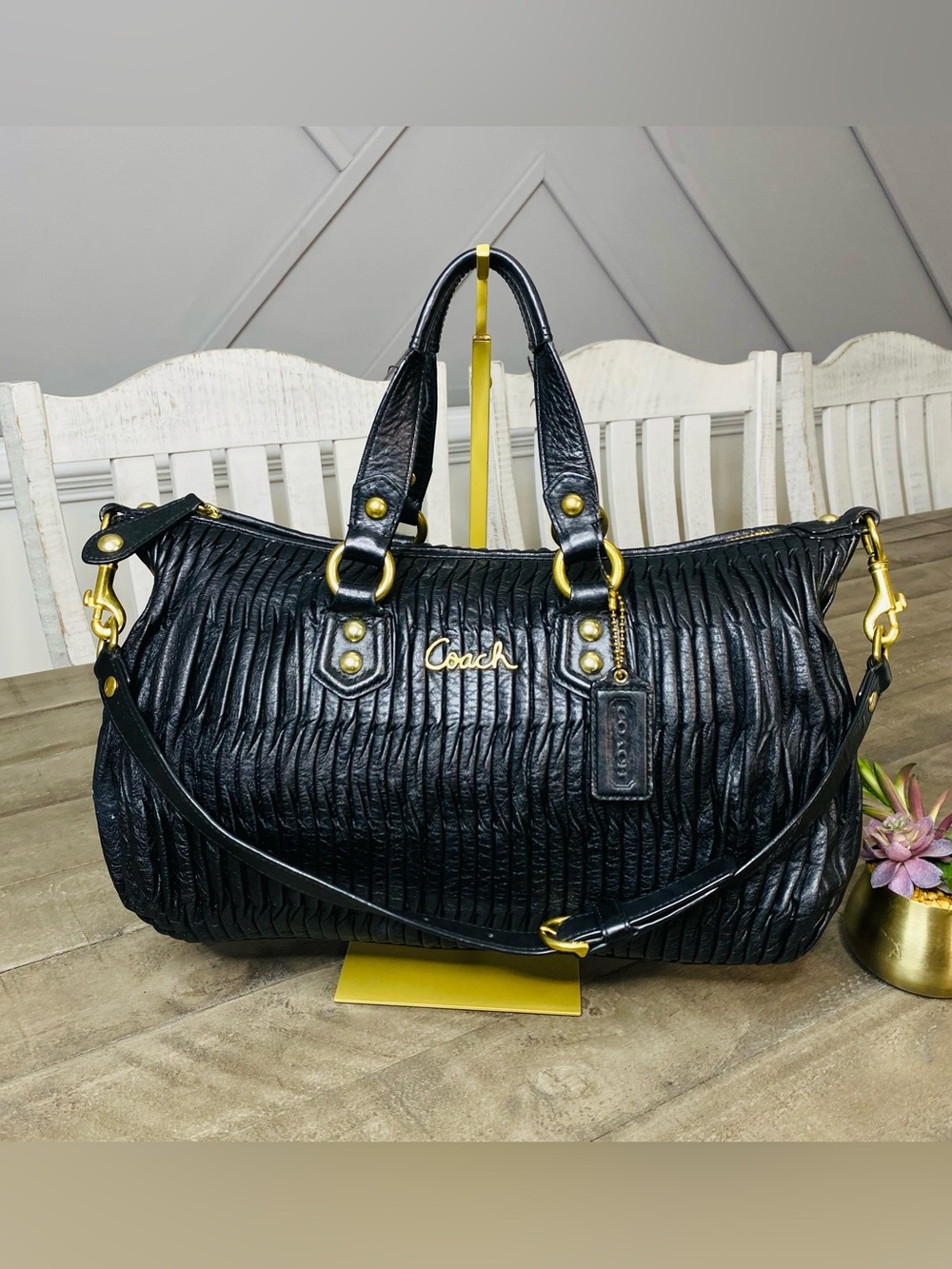 Coach Ashley Black Gathered Leather Satchel Bag F17647 Ruched Gold Hardware - Picture 2 of 14